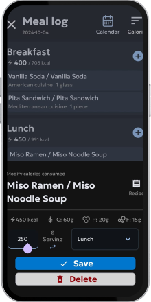 This image shows the meal log screen of the Eufori app.